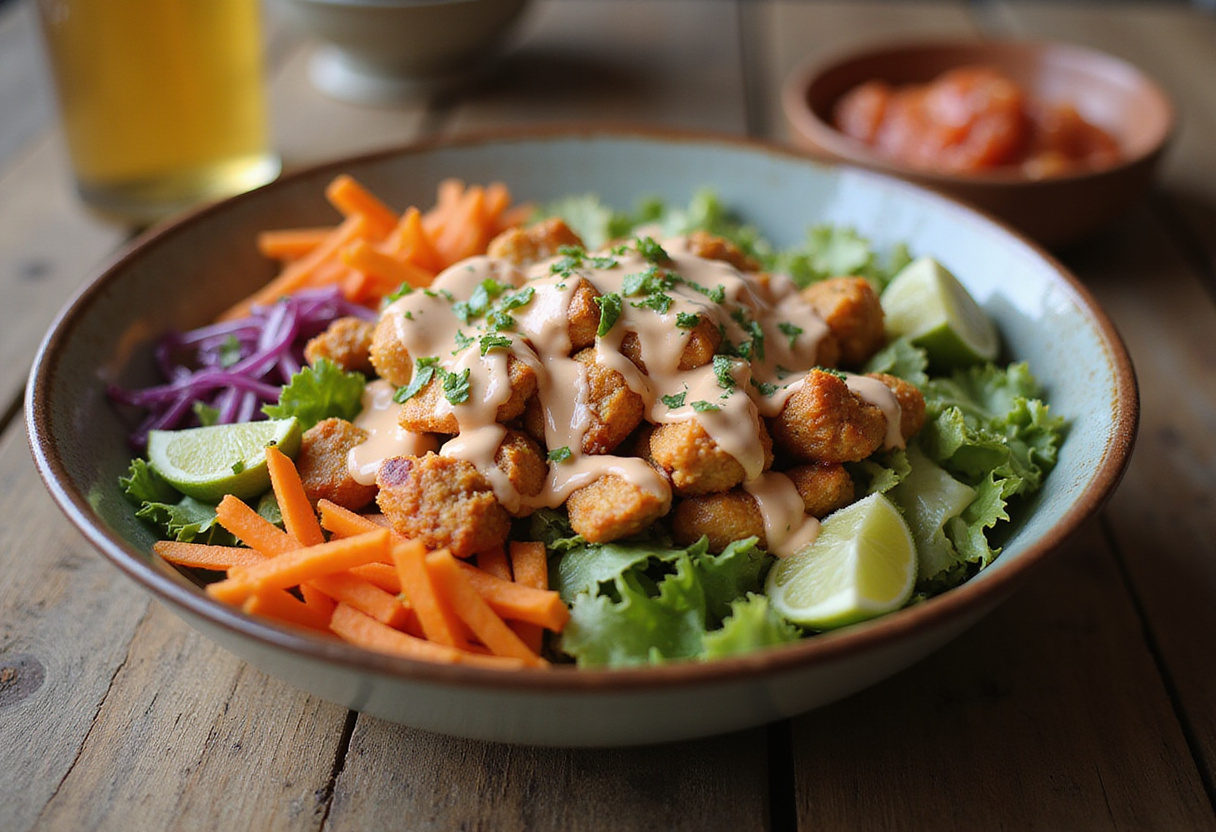 Final presentation of the BEST Bang Bang Chicken Bowl, colorful and appetizing meal, creamy, crispy, and delicious chicken bowl.
