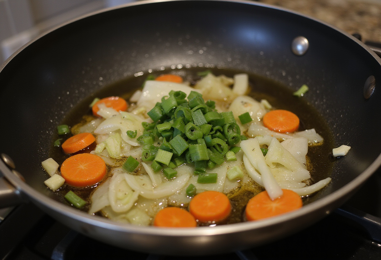 Preparing vegetables for the BEST Egg Roll in a Bowl recipe with colorful chopped carrots, cabbage, and green onions in a skillet.