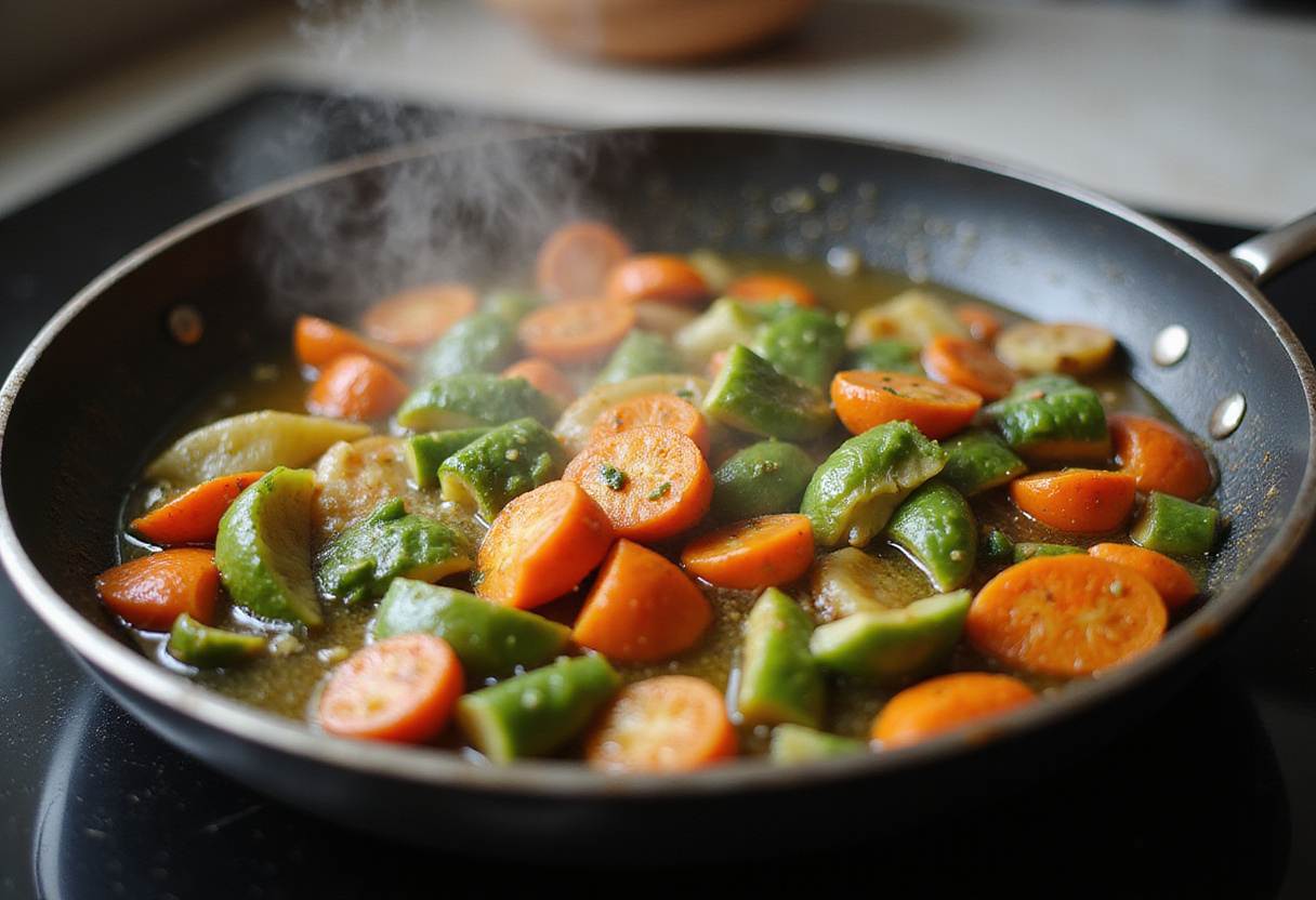 Sautéing a delicious mix of cabbage, carrots, and green onions for a flavorful Egg Roll in a Bowl.
