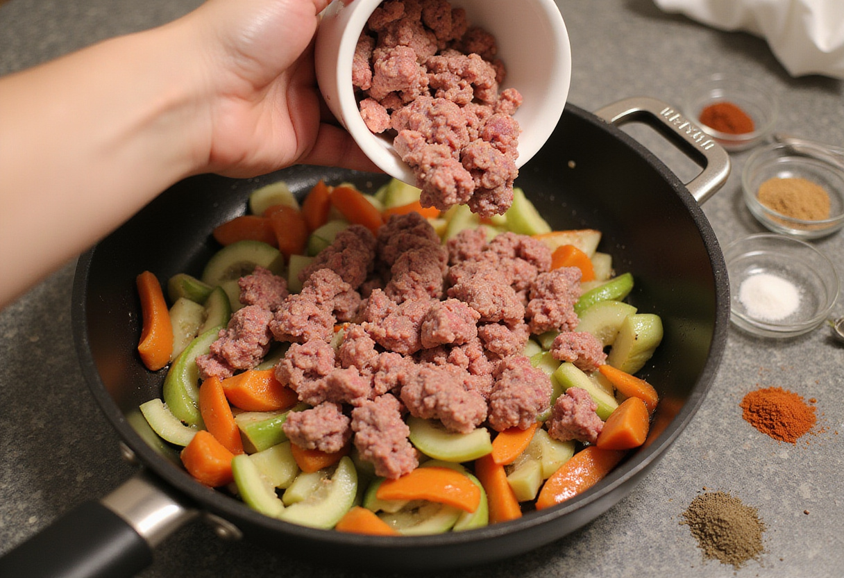 Combining ground meat and seasoned vegetables for the ultimate Egg Roll in a Bowl recipe, highlighting the savory ingredients.