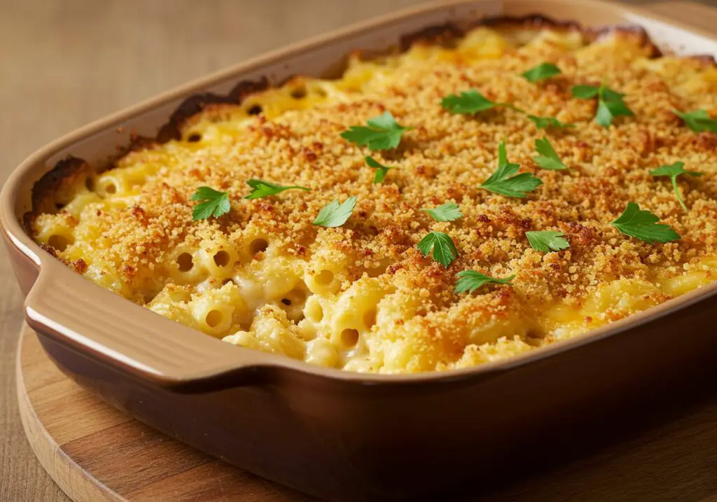 Delicious homemade mac and cheese with a golden brown crust, perfect for comfort food lovers.