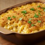 Delicious homemade mac and cheese with a golden brown crust, perfect for comfort food lovers.