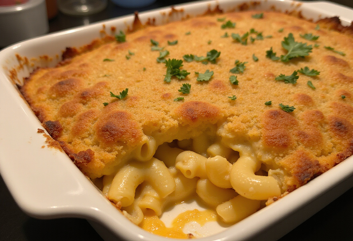 Delicious homemade mac and cheese with a golden brown crust, perfect for comfort food lovers.