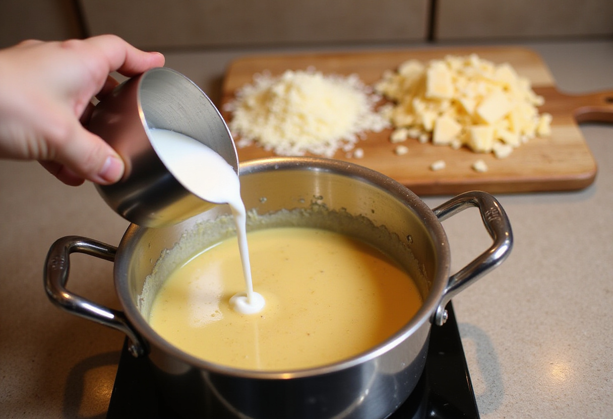 Combining milk and cheese to create a rich and creamy sauce for mac and cheese.