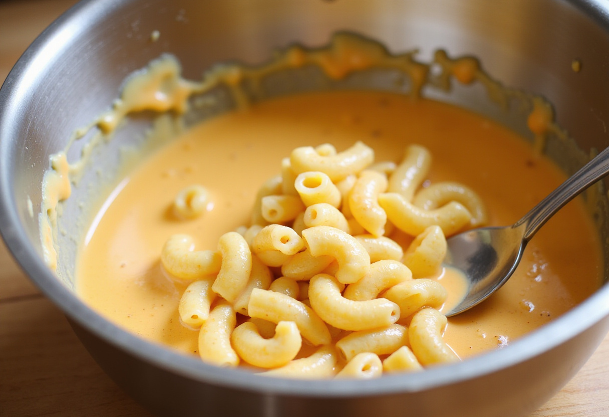 Mixing cooked macaroni with creamy cheese sauce for the best homemade mac and cheese.