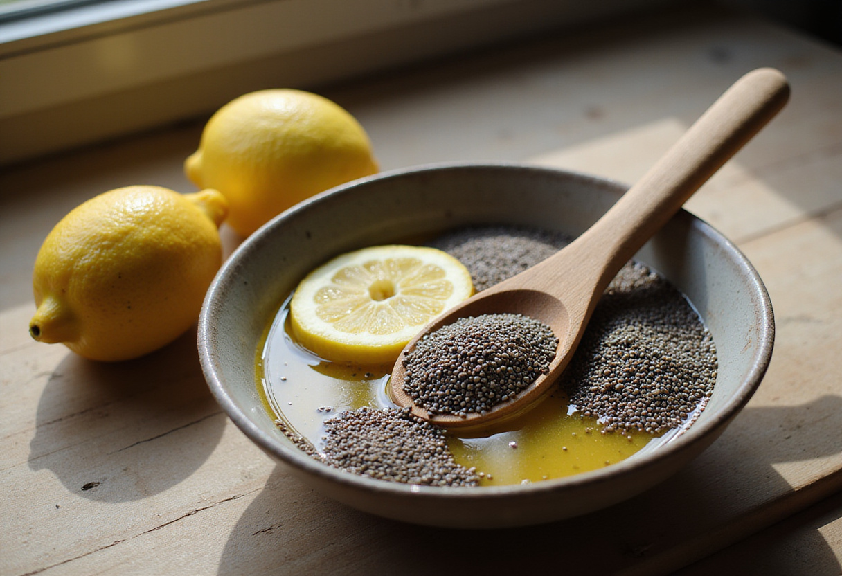 Chia seeds and fresh lemon juice for lemon cream chia pudding, healthy dessert recipe ingredients