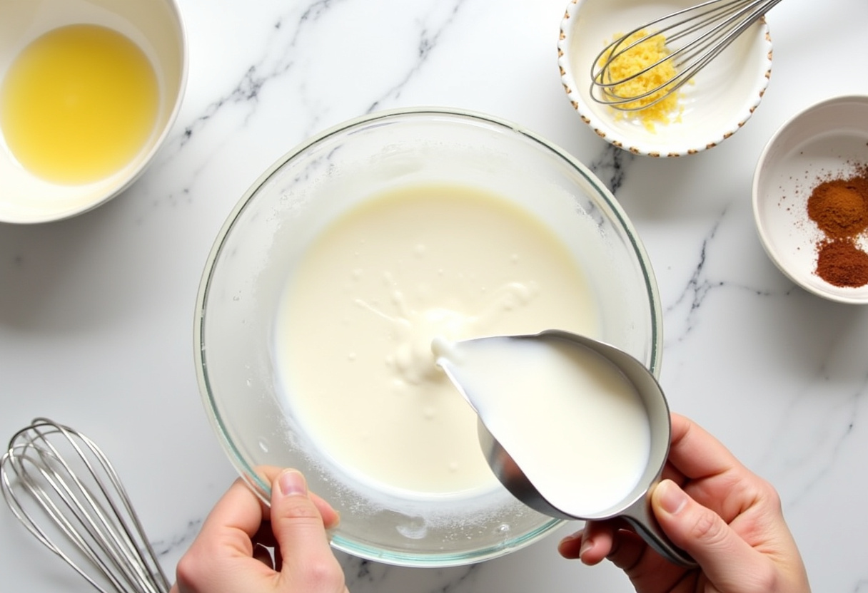 Mixing coconut milk and lemon zest for creamy lemon chia pudding, healthy no-bake recipe preparation