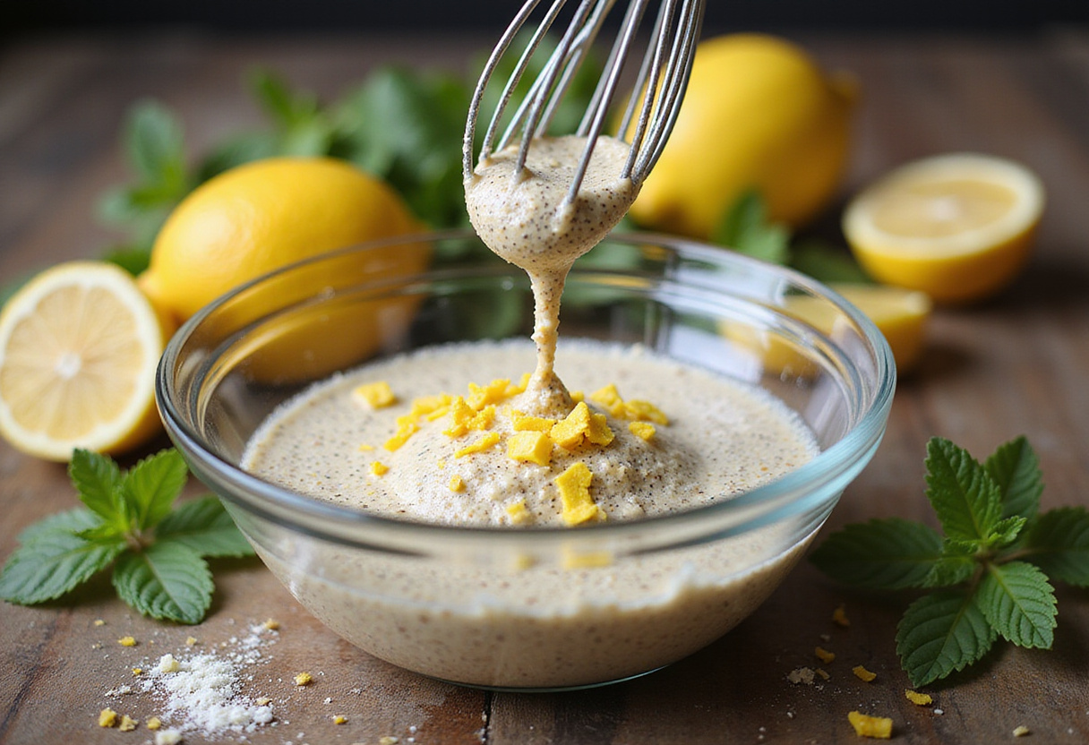 Whisking chia pudding mixture with lemon zest for a creamy dessert, gluten-free and healthy recipe process
