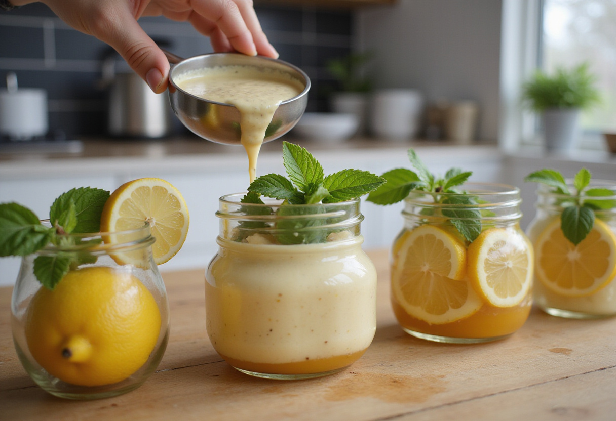 Spoon chia pudding mixture into jars topped with lemon slices, healthy dessert preparation for lemon chia pudding
