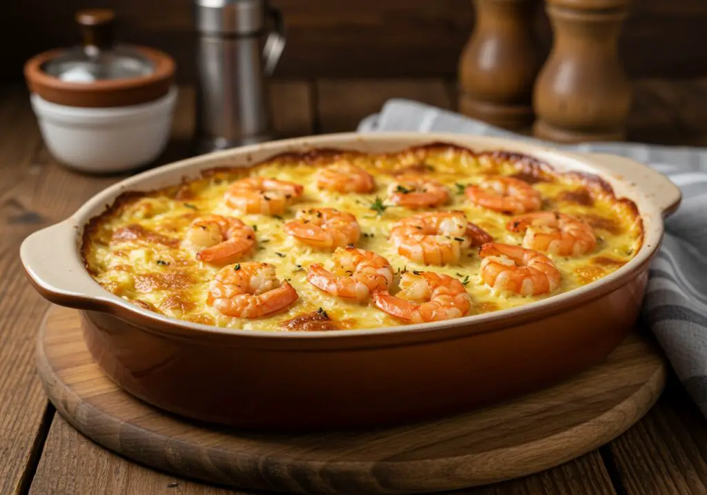 The finished best shrimp casserole, an appetizing dish ready to serve, highlighting the perfect blend of shrimp, creamy sauce, and a golden topping.