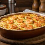 The finished best shrimp casserole, an appetizing dish ready to serve, highlighting the perfect blend of shrimp, creamy sauce, and a golden topping.