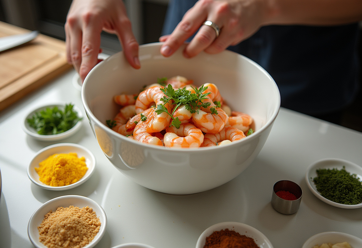 Preparing shrimp for the best shrimp casserole with fresh ingredients like garlic and herbs, showcasing the initial step in creating a delicious dish.