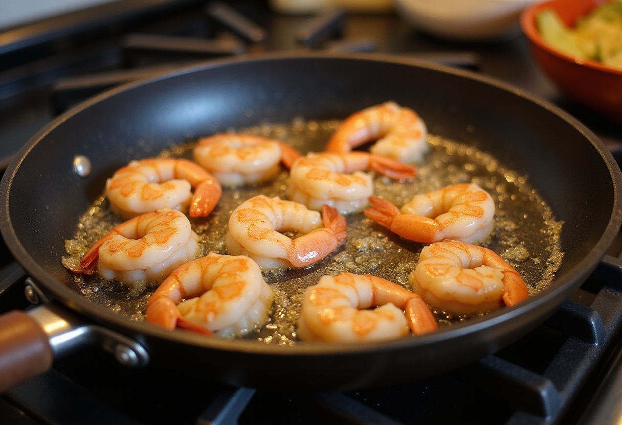 Cooking shrimp in a skillet for a flavorful shrimp casserole, demonstrating an essential cooking step with rich aromas filling the kitchen.