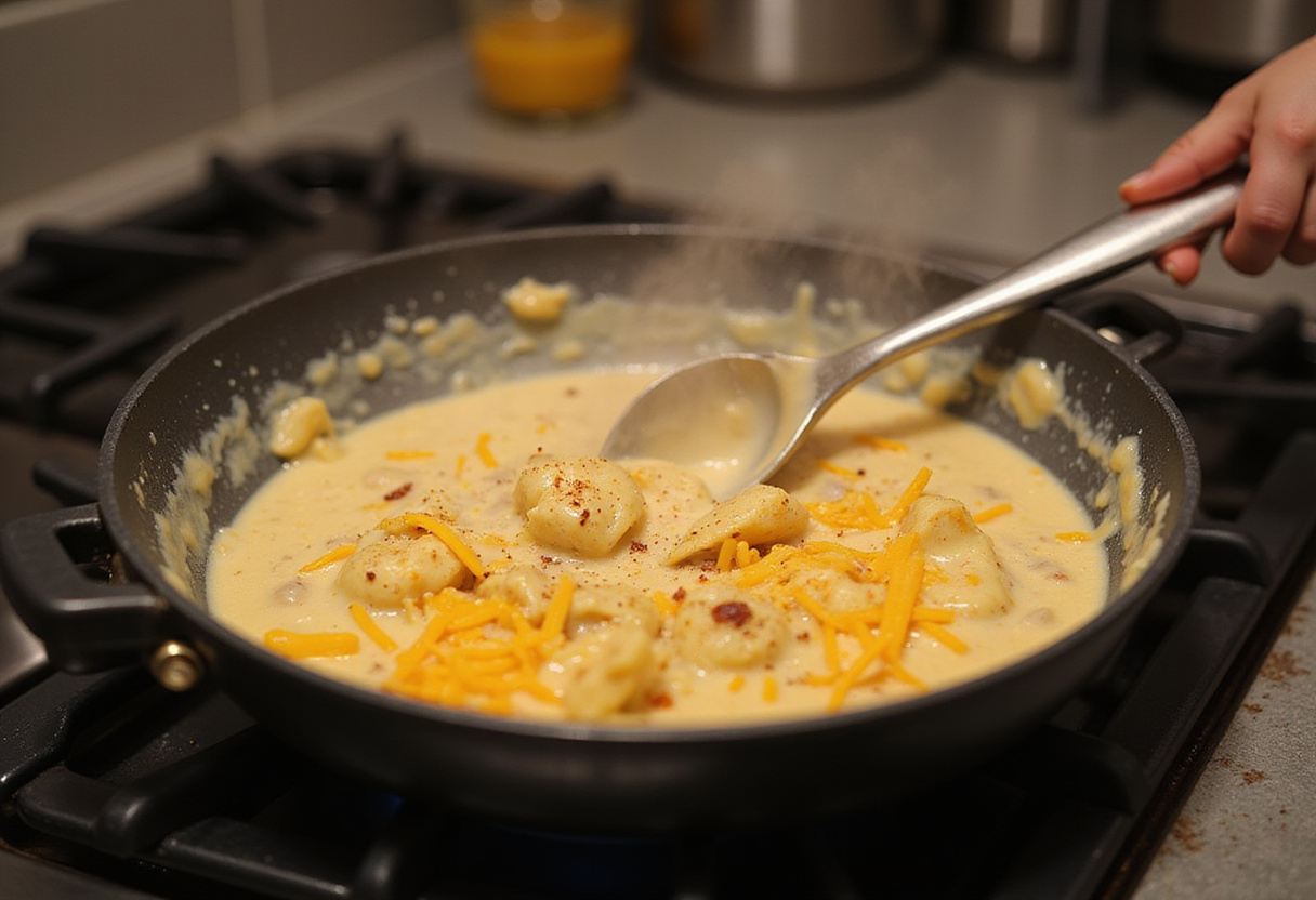 Creating a creamy sauce for the best shrimp casserole, highlighting the cooking techniques for a rich flavor and texture in this delightful recipe.