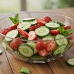 Finished cucumber strawberry salad served in a crystal clear bowl, showcasing vibrant colors and textures, ideal for summer gatherings.