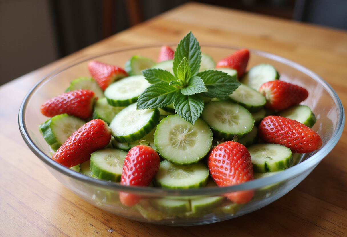 Finished cucumber strawberry salad served in a crystal clear bowl, showcasing vibrant colors and textures, ideal for summer gatherings.