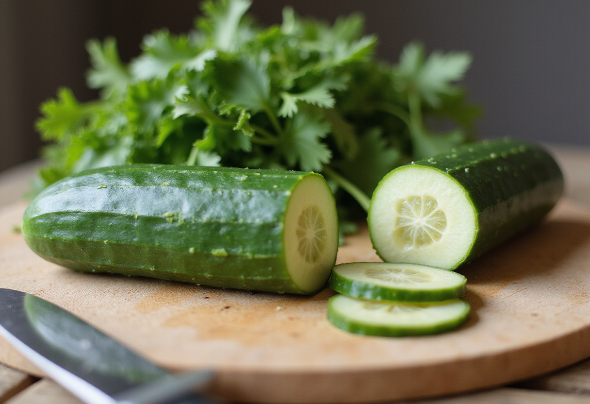 Fresh cucumbers sliced for a refreshing cucumber strawberry salad, perfect for summer meals.