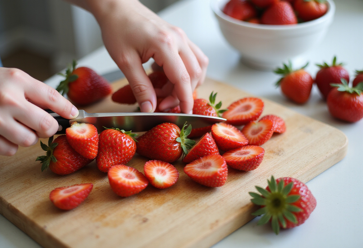 Fresh strawberries diced for a delicious cucumber strawberry salad, adding sweetness and flavor to the dish.