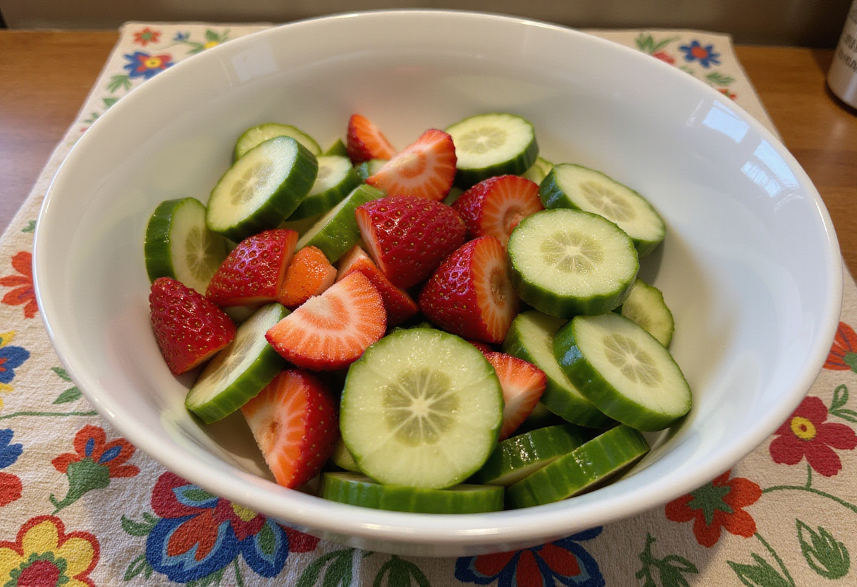 Cucumber and strawberry mixture prepared for a light and healthy cucumber strawberry salad, a perfect side dish for any meal.