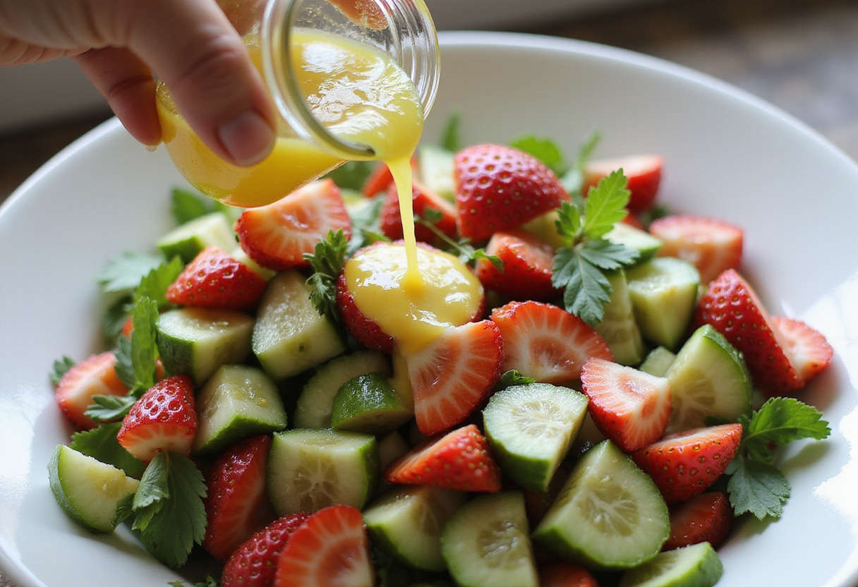 Healthy vinaigrette added to cucumber strawberry salad for a flavorful touch, enhancing the fresh ingredients.