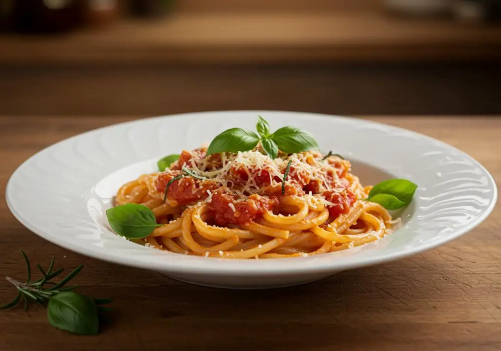 Delicious creamy tomato pasta ready to serve, highlighting the creamy texture and flavors in this comforting dish.