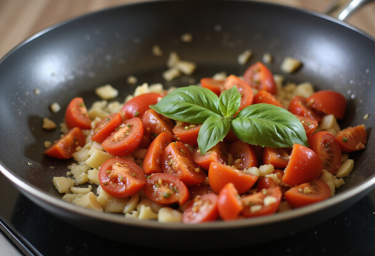 Sautéing garlic in olive oil for creamy tomato pasta, showcasing fresh ingredients in a warm kitchen atmosphere.