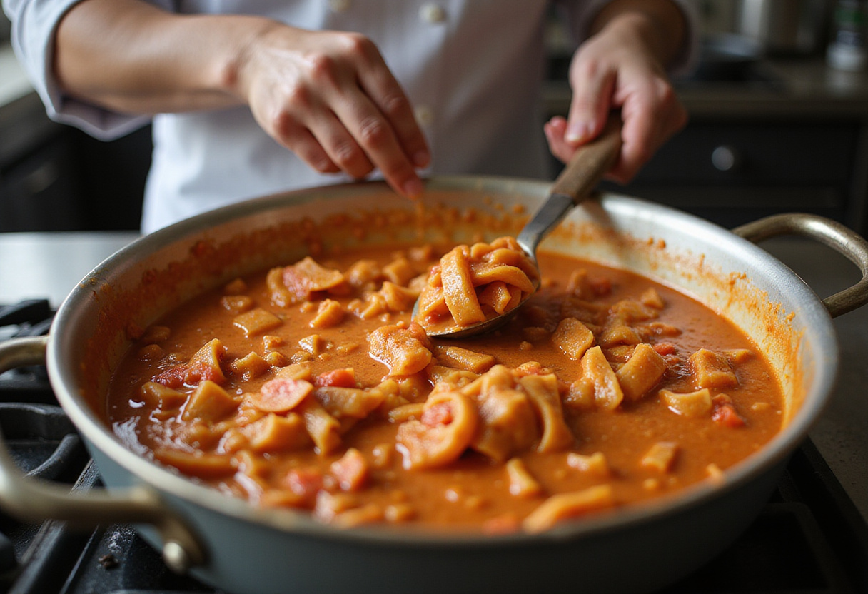 Pouring cream into the sauce for a creamy tomato pasta recipe, showing the transformation of the dish in a busy kitchen setting.