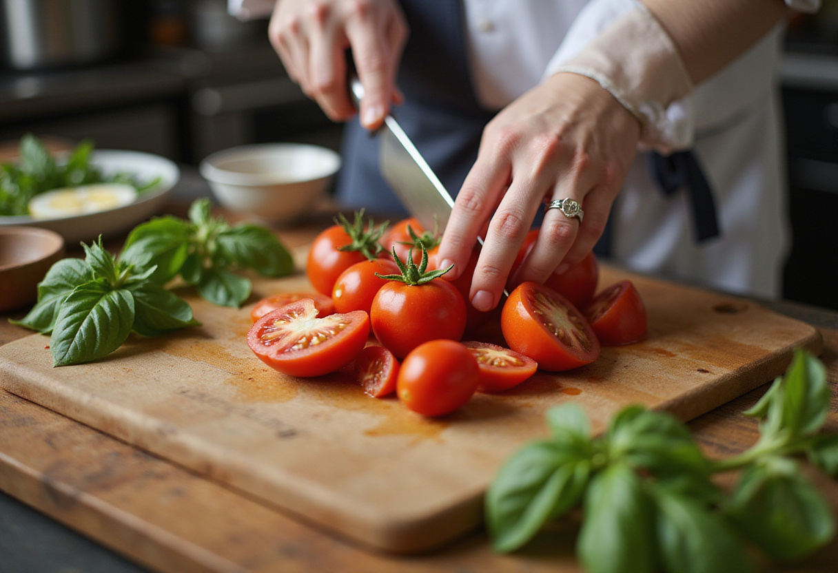 Fresh tomatoes being chopped for creamy tomato pasta, showcasing vibrant colors and fresh ingredients.