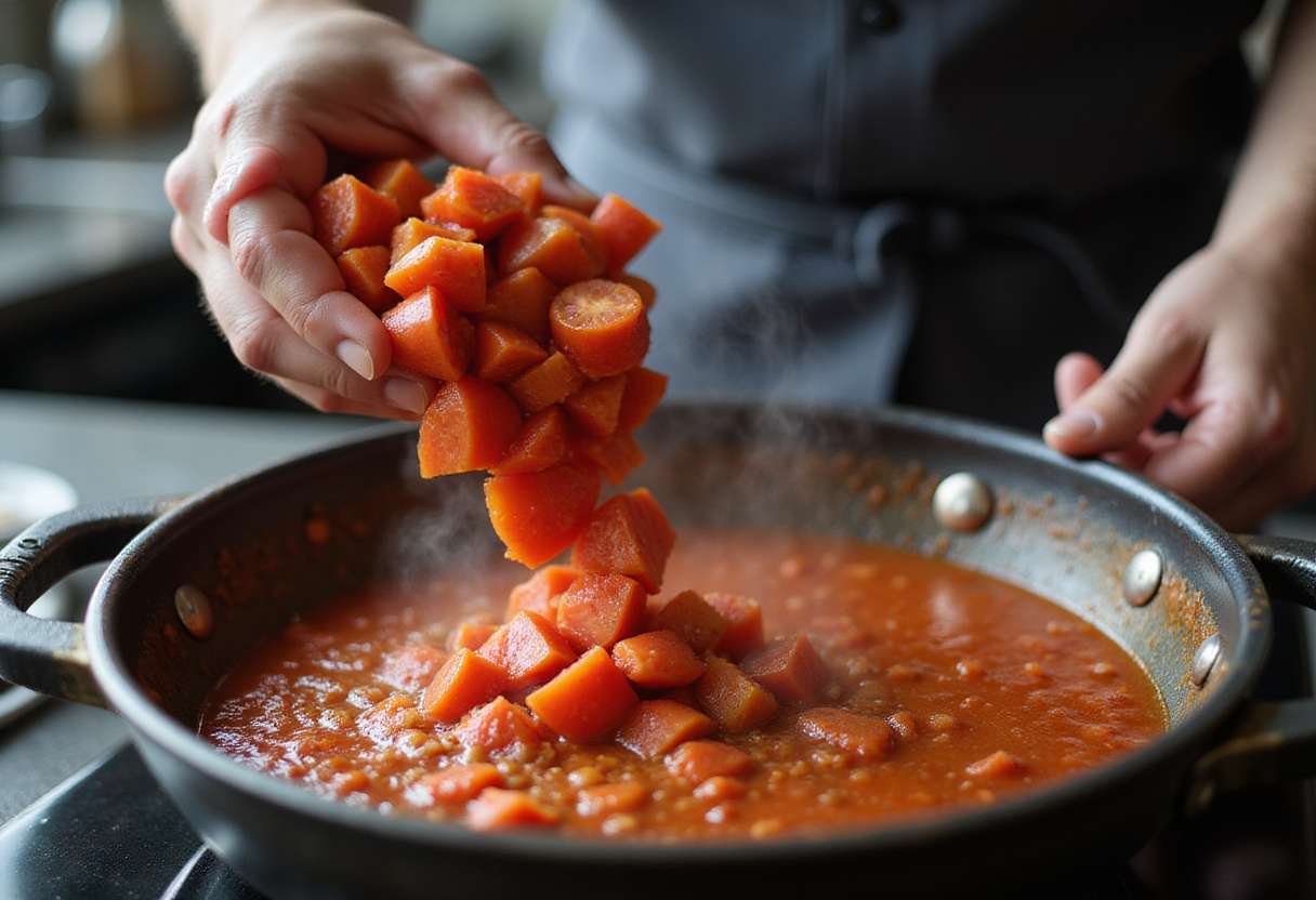 Pouring fresh chopped tomatoes into a saucepan for creamy tomato pasta, capturing the process of making a flavorful sauce.