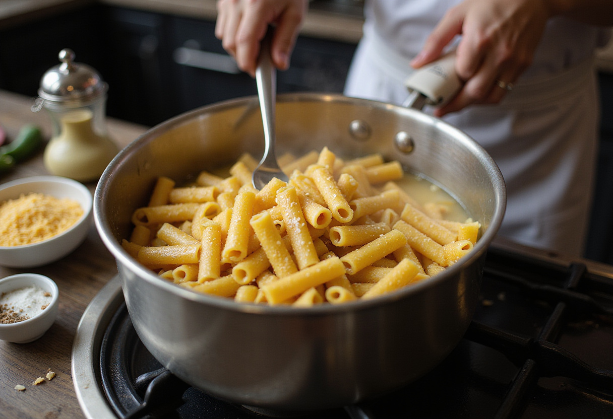 Cooking pasta for creamy tomato sauce, depicting the preparation of the perfect al dente noodles.