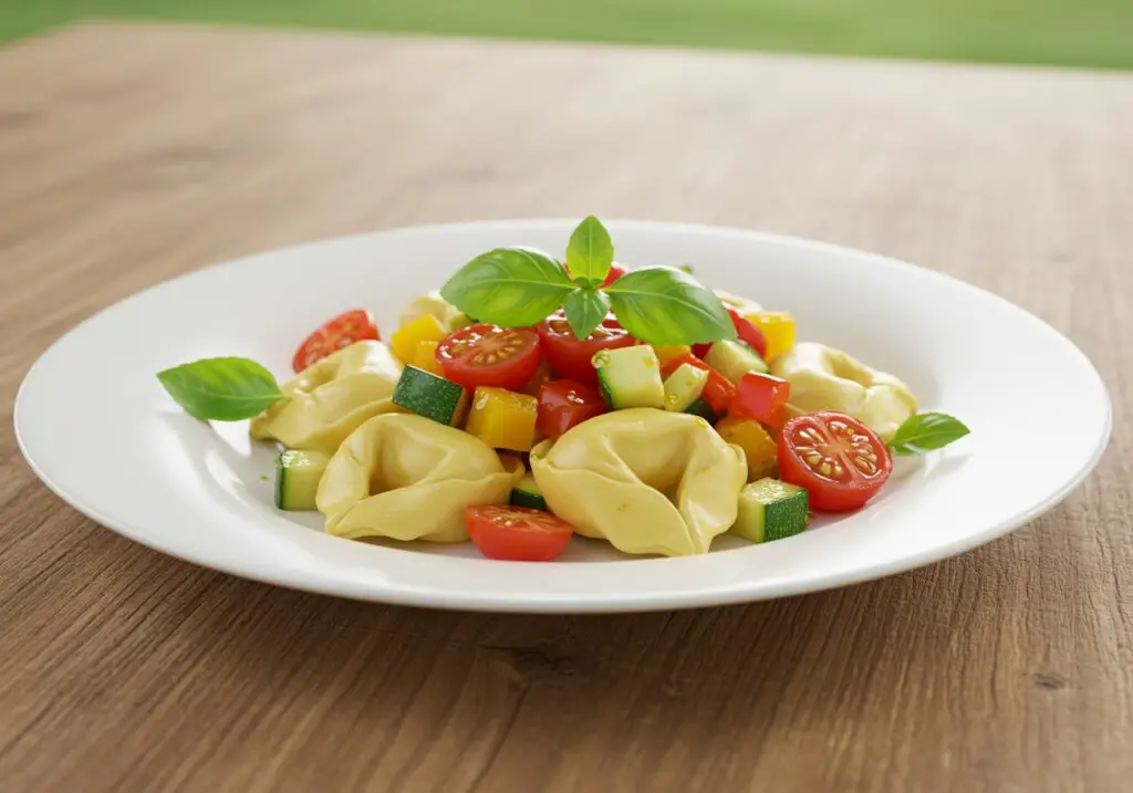 Delicious tortellini with summer veggies, elegantly plated and garnished, showcasing a vibrant and appetizing dish.