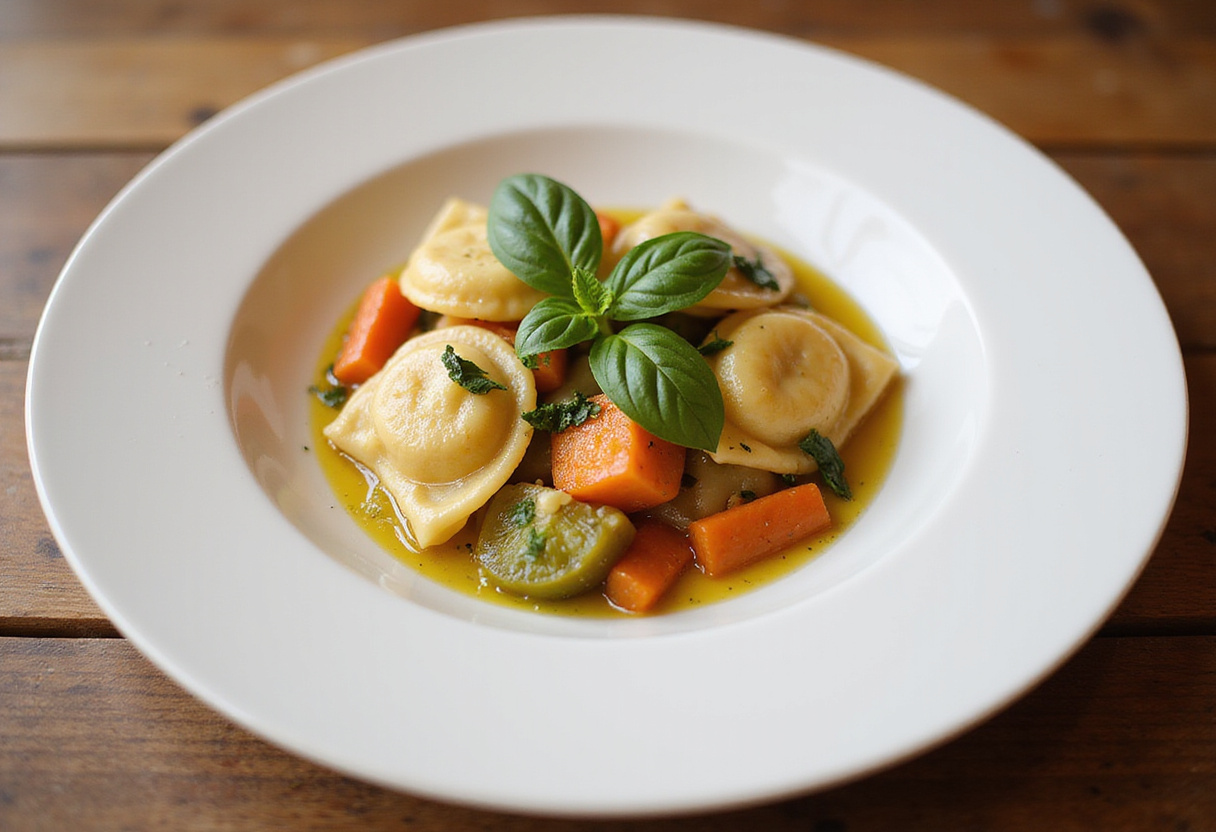 Delicious tortellini with summer veggies, elegantly plated and garnished, showcasing a vibrant and appetizing dish.