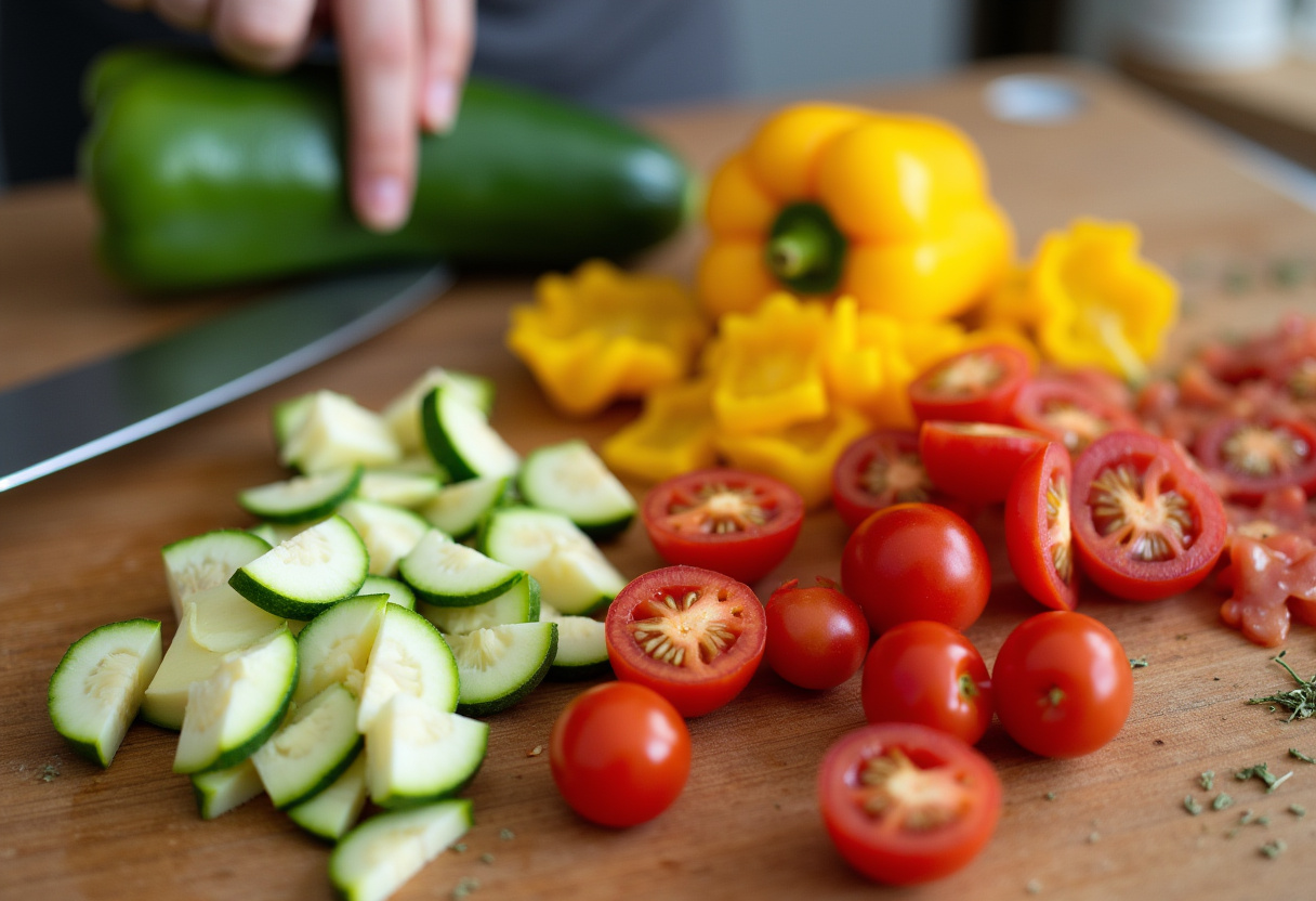 Chopping fresh summer vegetables for tortellini including zucchini, bell peppers, and cherry tomatoes.