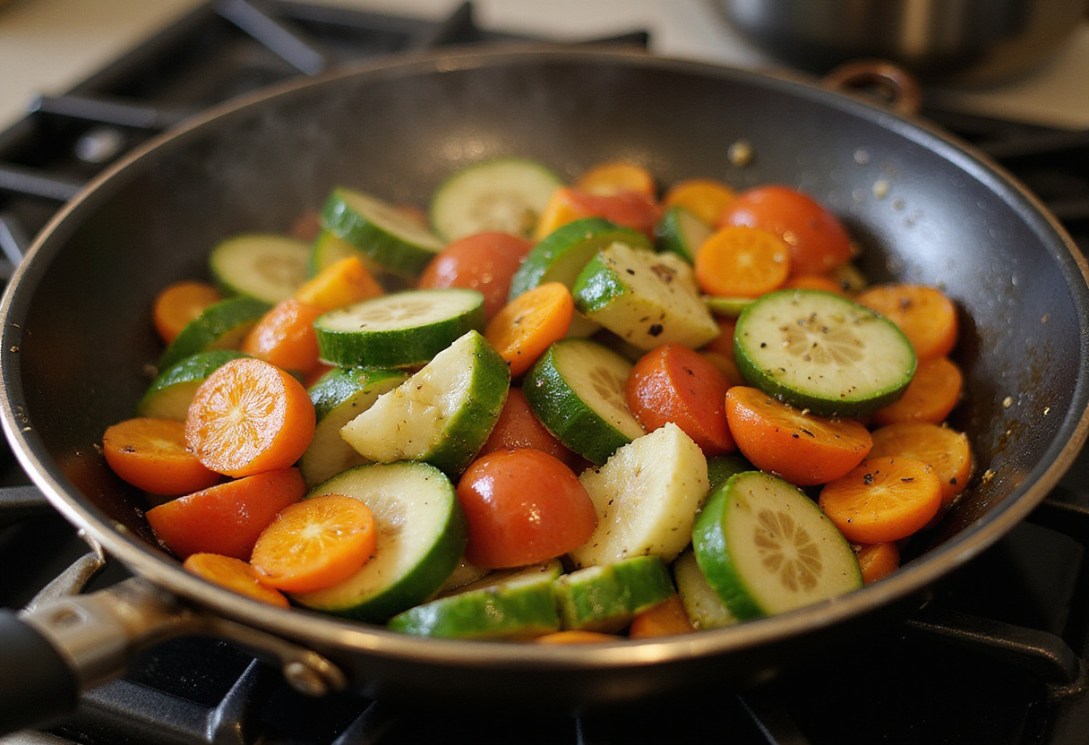 Sautéing colorful summer vegetables in olive oil, enhancing the tortellini recipe with fresh flavors.