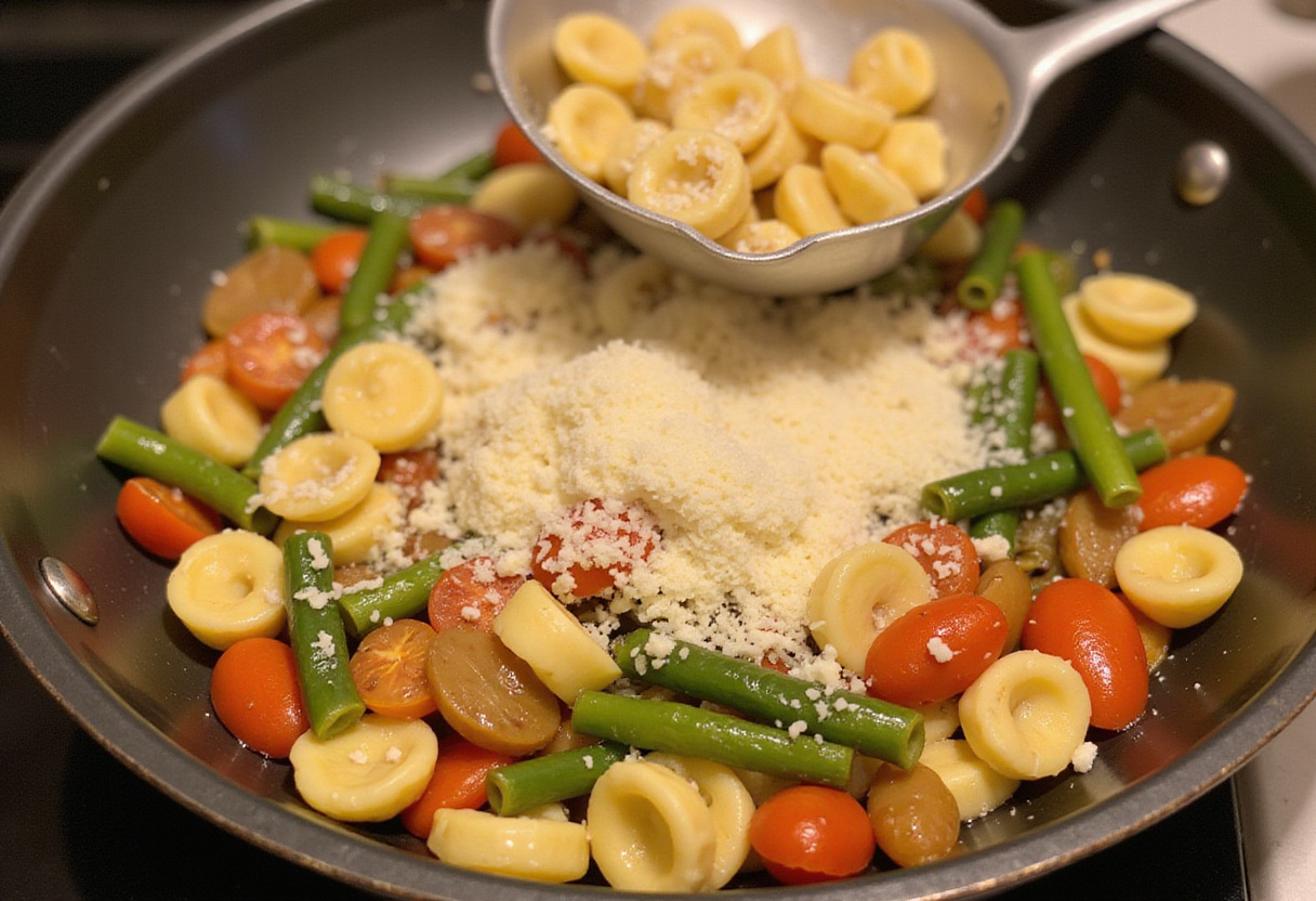 Combining cooked tortellini with sautéed summer vegetables and Parmesan cheese for a flavorful dish.