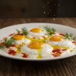 Final presentation of Turkish Eggs with Greek Yogurt - a stunning dish with poached eggs on Greek yogurt, decorated with herbs and spices for a delicious meal.