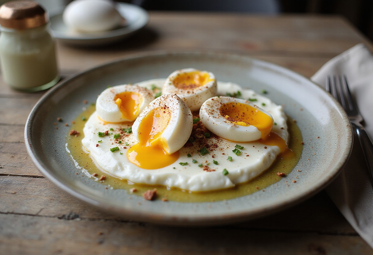 Final presentation of Turkish Eggs with Greek Yogurt - a stunning dish with poached eggs on Greek yogurt, decorated with herbs and spices for a delicious meal.