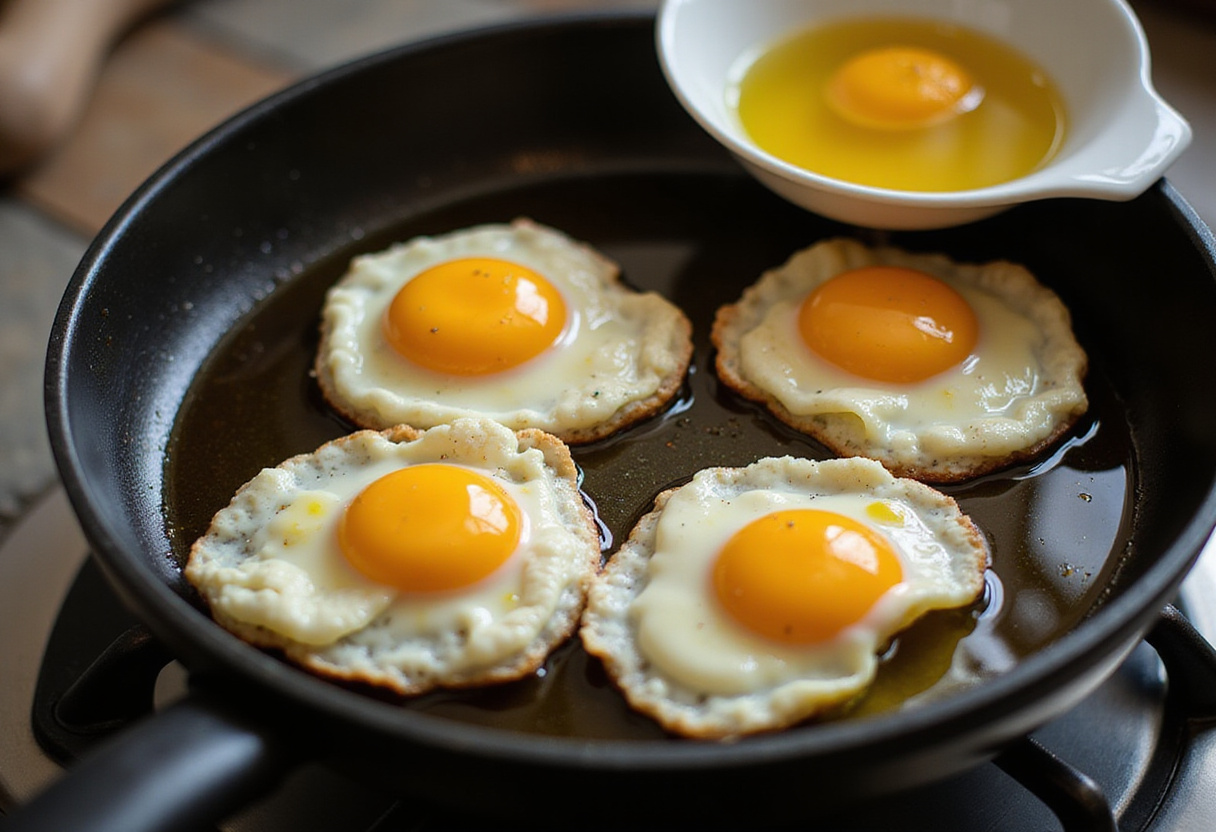 Preparing Turkish Eggs with Greek Yogurt - heating olive oil in a frying pan and cracked eggs ready for cooking.