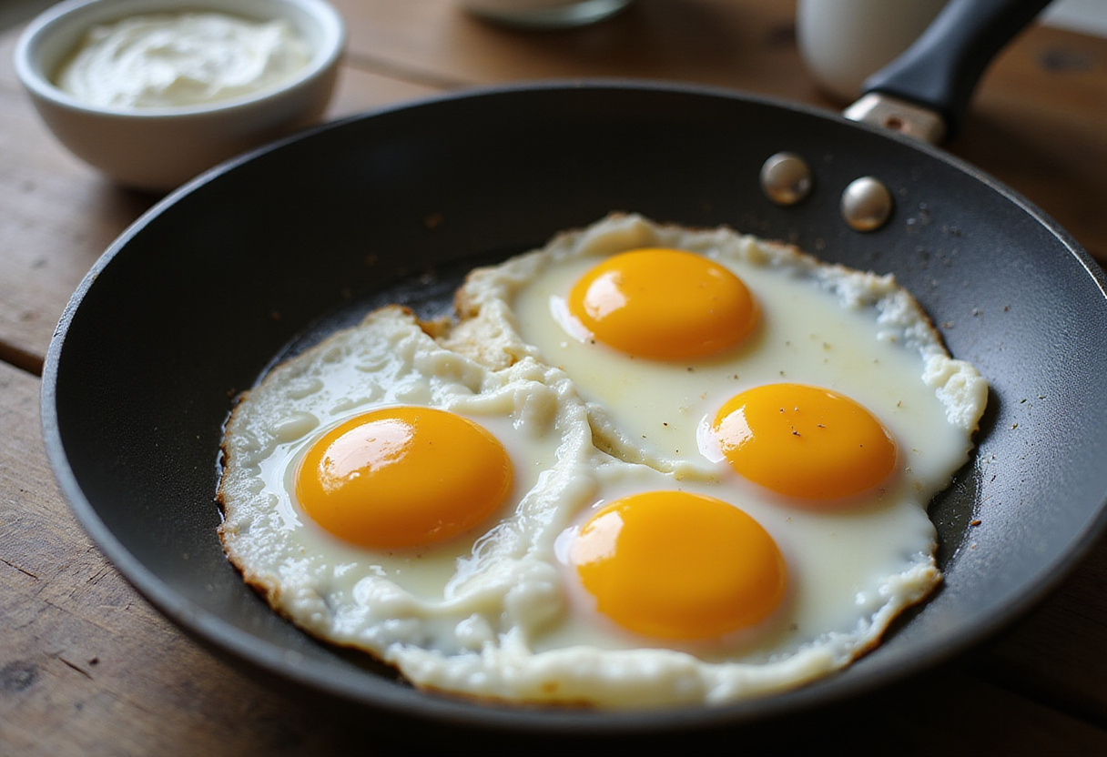 Cooking steps for Turkish Eggs with Greek Yogurt - eggs in a pan being lightly cooked, with Greek yogurt waiting to be used.