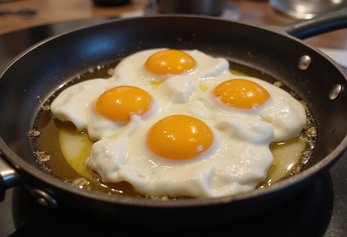 Completing Turkish Eggs with Greek Yogurt - cooked poached eggs resting on yogurt, showcasing a vibrant and appetizing dish.