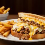 serving the perfect ultimate cheesy ground beef melt with crunchy fries and melted cheese overflowing