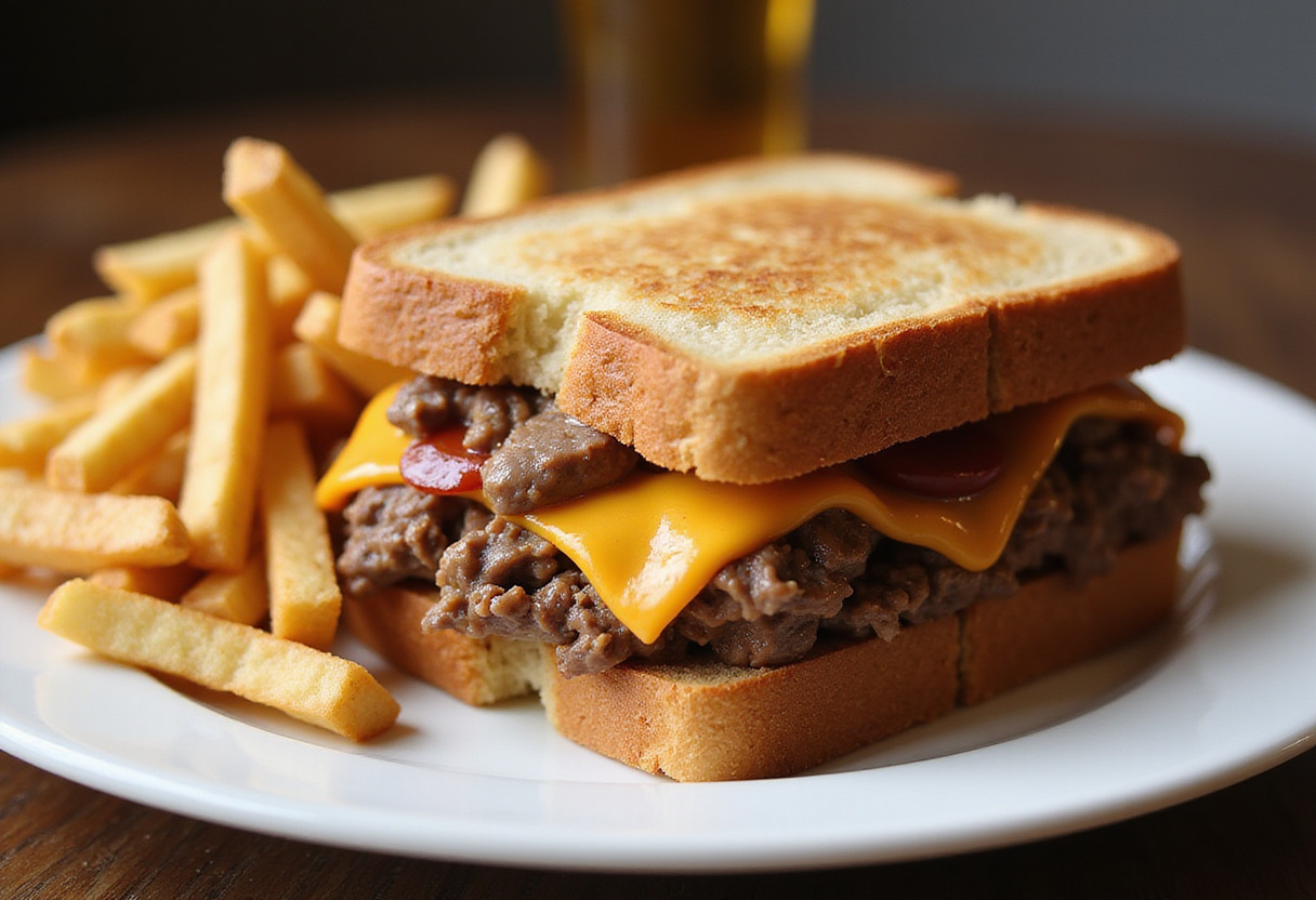 serving the perfect ultimate cheesy ground beef melt with crunchy fries and melted cheese overflowing