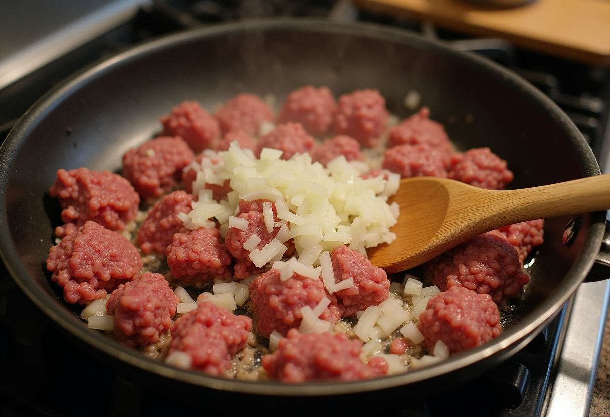 browning ground beef with onions and garlic for a cheesy ground beef melt recipe