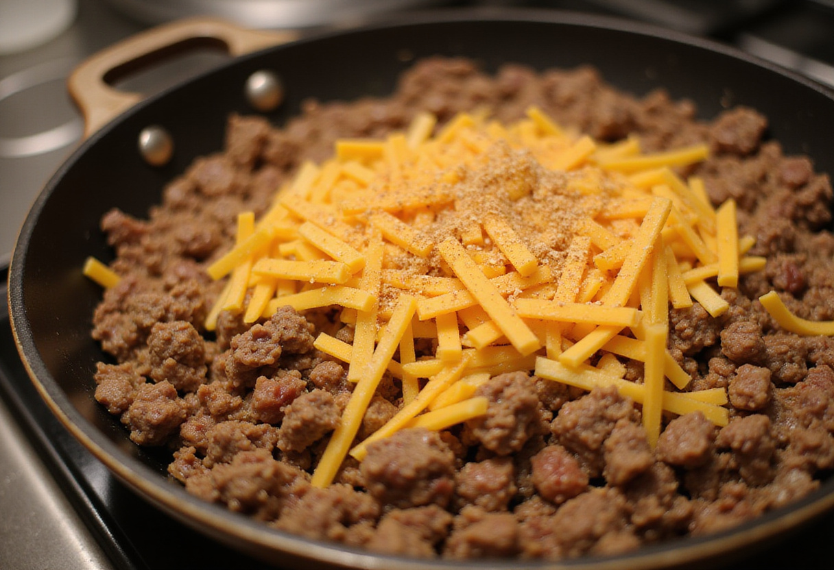 seasoning ground beef and adding melted cheddar cheese for ultimate cheesy beef melt