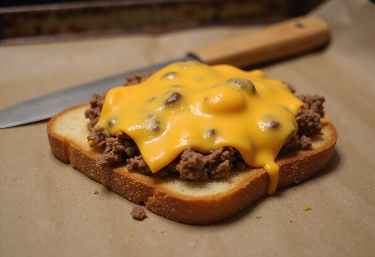 preparing a toasted bread base with cheesy ground beef topping for the ultimate melt sandwich