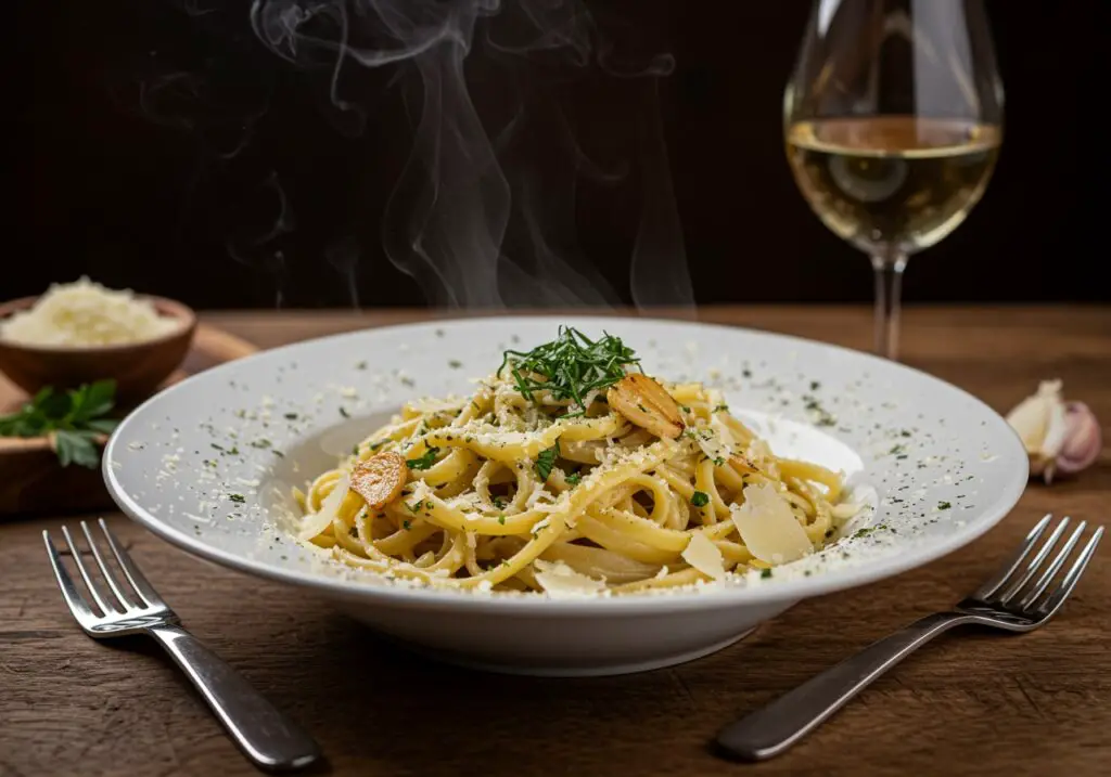 Ultimate garlic parmesan pasta served hot, garnished and ready to be enjoyed, showcasing the delicious dish in a rustic setting.