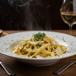Ultimate garlic parmesan pasta served hot, garnished and ready to be enjoyed, showcasing the delicious dish in a rustic setting.