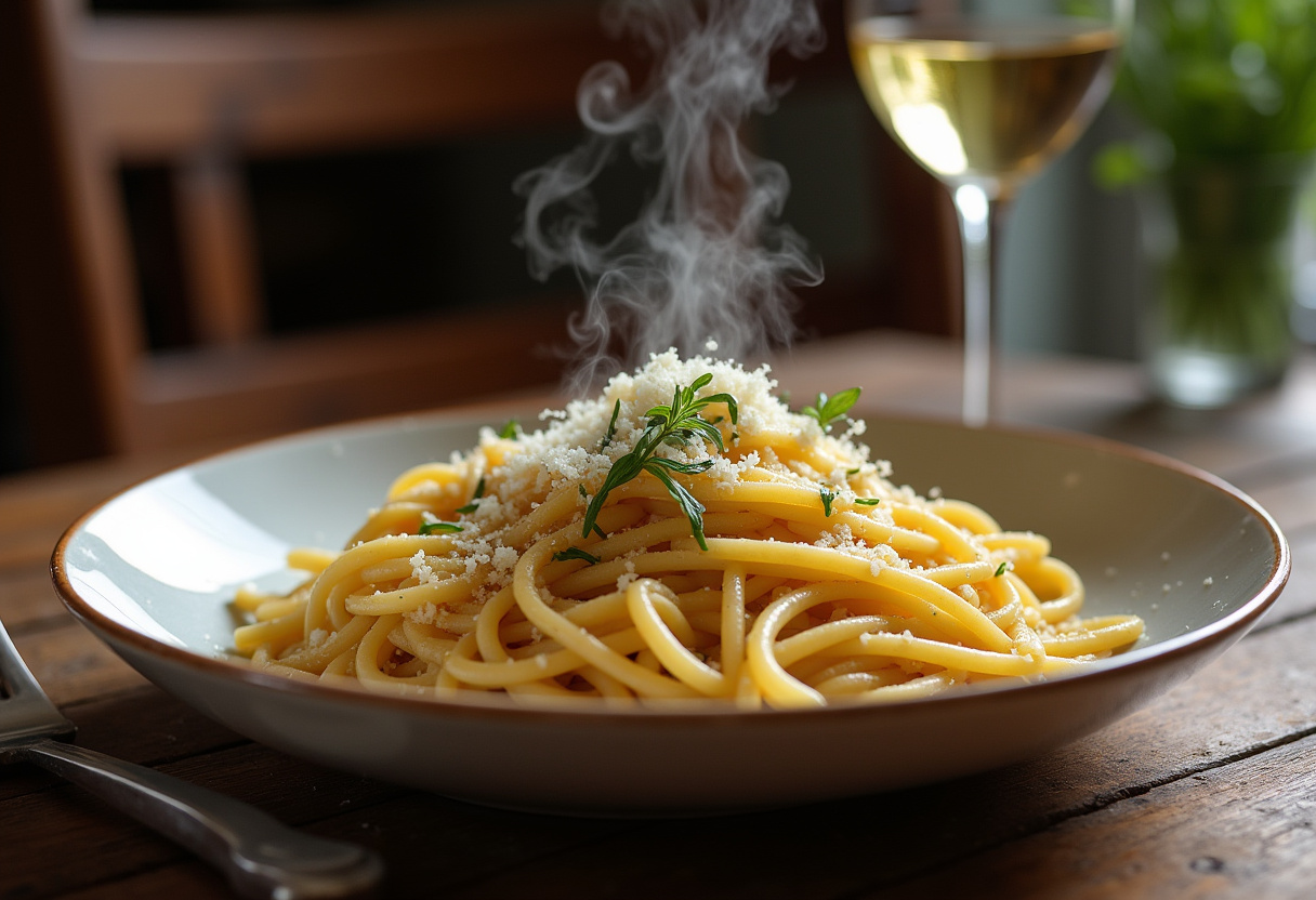 Ultimate garlic parmesan pasta served hot, garnished and ready to be enjoyed, showcasing the delicious dish in a rustic setting.