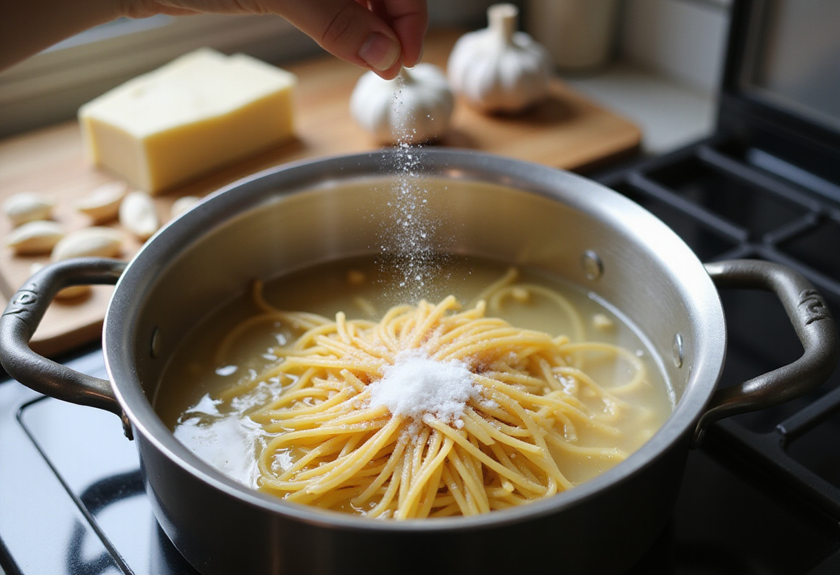 Cooking spaghetti pasta in boiling water with salt, ready for ultimate garlic parmesan pasta, fresh garlic and parmesan in view.