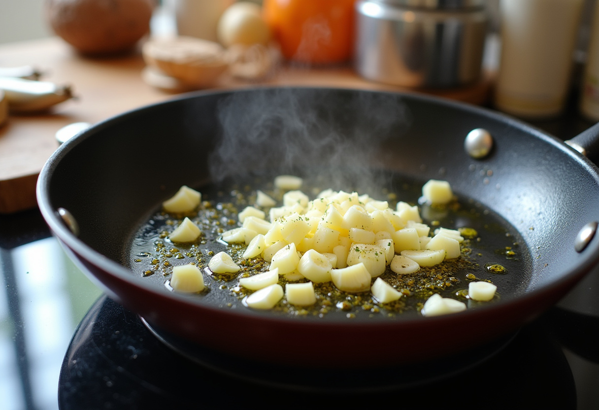 Sizzling garlic in olive oil, preparing the base for ultimate garlic parmesan pasta, with fresh herbs visible in the background.